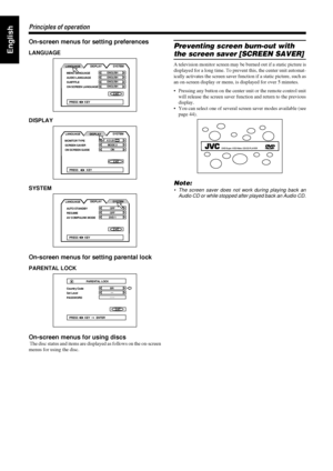 Page 2016
1616 16
Principles of operation
Principles of operationPrinciples of operation Principles of operation
English
On-screen menus for setting preferences
LANGUAGE
DISPLAY
SYSTEM
On-screen menus for setting parental lock
PARENTAL LOCK
On-screen menus for using discs
 The disc status and items are displayed as follows on the on-screen
menus for using the disc.
Preventing screen burn-out with 
the screen saver [SCREEN SAVER]
A television monitor screen may be burned out if a static picture is
displayed for...