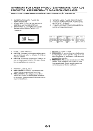 Page 4IMPORTANT  FOR  LASER  PRODUCTS/IMPORTANTE  PARA  LOS
PRODUCTOS LÁSER/IMPORTANTE PARA PRODUCTOS LASER
REPRODUCTION OF LABELS/REPRODUCCIÓN DE ETIQUETAS/REPRODUÇÃO, DE ETIQUETAS
1CLASSIFICATION MARK, PLACED ON
REAR ENCLOSURE
1ETIQUETA DE CLASIFICACION, PROVISTA
SOBRE LA QUPERFICIE EXTERIOR
1ETIQUETA DE CLASSIFIÇÃO LOCALIZADA
NA PARTE POSTERIOR DA CAIXA DO
 APARELHO.2  WARNING LABEL, PLACED INSIDE THE UNIT
2  ETIQUETA DE ADVERTENCIA, PEGADA EN EL
       INTERIOR DE LA UNIDAD
2  ETIQUETA DE ADVERTÊNCIA...