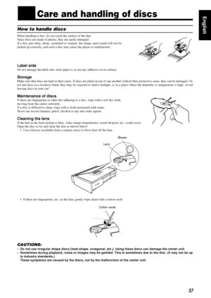 Page 6157
5757 57
EnglishnnCare and handling of discs
How to handle discs
When handling a disc, do not touch the surface of the disc.
Since discs are made of plastic, they are easily damaged.
If a disc gets dirty, dusty, scratched or warped, the image sand sound will not be
picked up correctly, and such a disc may cause the player to malfunction.
Label side
Do not damage the label side, stick paper to or use any adhesive on its surface.
Storage
Make sure that discs are kept in their cases. If discs are piled on...