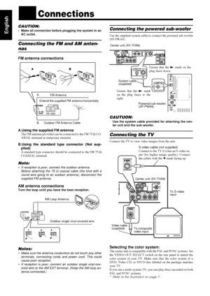 Page 106
66 6
English
nnConnections
CAUTION:
• Make all connection before plugging the system in an
AC outlet.
Connecting the FM and AM anten-
nas
FM antenna connections
A.Using the supplied FM antenna
The FM antenna provided can be connected to the FM 75 W CO-
AXIAL terminal as temporary measure.
B.Using the standard type connector (Not sup-
plied)
A standard type connector should be connected to the FM 75 W
COAXIAL terminal.
Note:
• If reception is poor, connect the outdoor antenna.
Before attaching the 75 W...