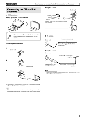 Page 118
7AM loop antenna
Setting up supplied AM loop antenna 
Connecting AM loop antenna
 Turn the loop antenna until you have the best reception during 
AM broadcast program reception.
NOTE
 Make sure the antenna conductors do not touch any other terminals, 
connecting cords or power cords. This could cause poor reception.
If reception is poor
7FM antenna
If reception is poor
NOTE
 We recommend that you use coaxial cable for the FM antenna as it is 
well-shielded against interference.
Connecting the FM and...