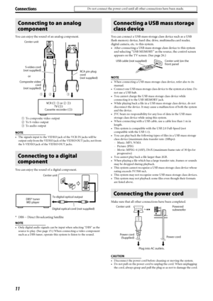 Page 1411
You can enjoy the sound of an analog component.
NOTE
 The signals input to the VIDEO jack of the VCR IN jacks will be 
output only from the VIDEO jack of the VIDEO OUT jacks, not from 
the S-VIDEO jack of the VIDEO OUT jacks.
You can enjoy the sound of a digital component. 
*DBS = Direct Broadcasting Satellite
NOTE
 Only digital audio signals can be input when selecting “DBS” as the 
source to play. (See page 15.) When connecting a video component 
such as a DBS tuner, operate this system to listen...