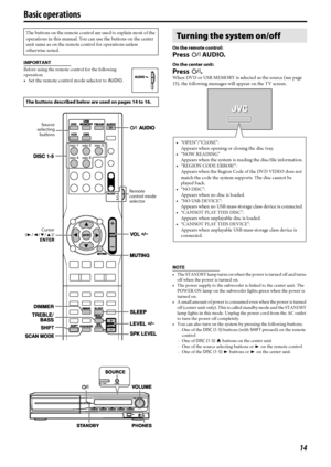 Page 1714
IMPORTANT
Before using the remote control for the following 
operation; 
 Set the remote control mode selector to AUDIO.On the remote control:
Press FAUDIO.
On the center unit:
Press F.
When DVD or USB MEMORY is selected as the source (see page 
15), the following messages will appear on the TV screen.
NOTE
 The STANDBY lamp turns on when the power is turned off and turns 
off when the power is turned on.
 The power supply to the subwoofer is linked to the center unit. The 
POWER ON lamp on the...