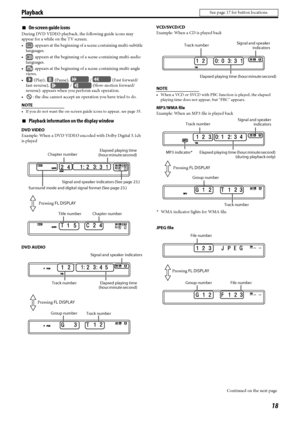 Page 2118
7On-screen guide icons
During DVD VIDEO playback, the following guide icons may 
appear for a while on the TV screen;
 : appears at the beginning of a scene containing multi-subtitle 
languages.
 : appears at the beginning of a scene containing multi-audio 
languages.
 : appears at the beginning of a scene containing multi-angle 
views.
  (Play),   (Pause),   /   (Fast forward/
fast-reverse),   /   (Slow-motion forward/
reverse): appears when you perform each operation.
 : the disc cannot accept...