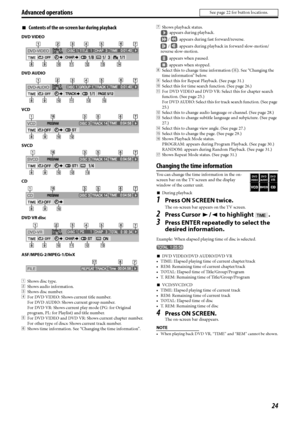 Page 2724
7Contents of the on-screen bar during playback
DVD VIDEO
DVD AUDIO
VCD
SVCD
CD
DVD VR disc
ASF/MPEG-2/MPEG-1/DivX
1Shows disc type.
2Shows audio information.
3Shows disc number.
4For DVD VIDEO: Shows current title number.
For DVD AUDIO: Shows current group number.
For DVD VR: Shows current play mode (PG: for Original 
program, PL: for Playlist) and title number.
5For DVD VIDEO and DVD VR: Shows current chapter number.
For other type of discs: Shows current track number.
6Shows time information. See...