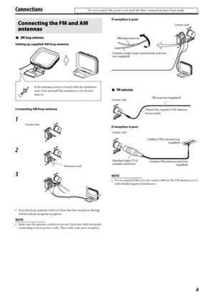 Page 118
7AM loop antenna
Setting up supplied AM loop antenna 
Connecting AM loop antenna
• Turn the loop antenna until you have the best reception during 
AM broadcast program reception.
NOTE
• Make sure the antenna conductors do not touch any other terminals, 
connecting cords or power cords. This could cause poor reception.
If reception is poor
7FM antenna
If reception is poor
NOTE
• We recommend that you use coaxial cable for the FM antenna as it is 
well-shielded against interference.
Connecting the FM and...