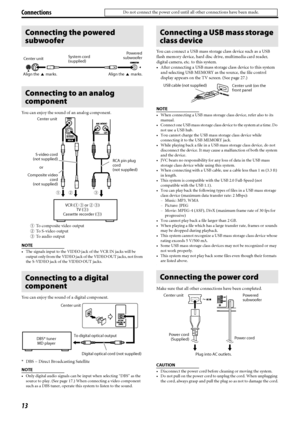 Page 1613
You can enjoy the sound of an analog component.
NOTE
• The signals input to the VIDEO jack of the VCR IN jacks will be 
output only from the VIDEO jack of the VIDEO OUT jacks, not from 
the S-VIDEO jack of the VIDEO OUT jacks.
You can enjoy the sound of a digital component. 
*DBS = Direct Broadcasting Satellite
NOTE
• Only digital audio signals can be input when selecting “DBS” as the 
source to play. (See page 17.) When connecting a video component 
such as a DBS tuner, operate this system to listen...