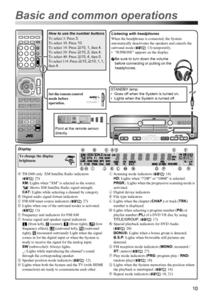 Page 1310
How to use the number buttons
To select 3: Press 3.
To select 10: Press 10.
To select 14: Press h10, 1, then 4.
To select 24: Press h10, 2, then 4.
To select 40: Press h10, 4, then 0.
To select 114: Press h10, h10, 1, 1, 
then 4.
Set the remote control 
mode before 
operation.
Listening with headphones
When the headphones is connected, the System 
automatically deactivates the speakers and cancels the 
surround mode ( 13) temporarily.
• “H.PHONE” appears on the display.
STANDBY lamp:
• Goes off when...