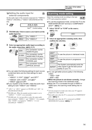 Page 1714
Setting the audio input for 
external components
Set the audio input of the external component for “VIDEO1/
VIDEO2” (TH-D60) or “VIDEO” (TH-D50/TH-D5/TH-
D4).
1
2
TH-D60 only: Select a source you want to set the 
audio input for.
3Select an appropriate audio input according to 
the audio connection. ( 8, 9)
You can select the following settings for each source 
(underlined items are the initial settings for each 
source):
– “VIDEO1”: 5.1CH*
2, COAX*3, and OPT*3
– “VIDEO2”: 2CH, COAX*3, and OPT*3...