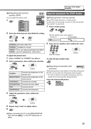 Page 2320
Adjusting the picture 
quality (VFP)
You can adjust the picture mode.
1
2
Select the desired preset, then finish the setting.
To adjust the picture tone
1Select “USER1” or “USER2” (see above).
2Select a parameter, then confirm the selection.
3Adjust the parameter, then confirm the 
selection.
4Repeat steps 2 and 3 to adjust others.
5
When connecting the TV to the HDMI MONITOR 
OUT terminal ( 7), the VFP setting has no 
effect.
Playing back a bonus group
Some DVD Audio discs have a “bonus group.”
To...