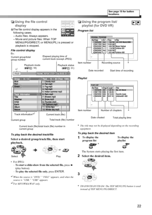 Page 2522
Using the file control 
display 
The file control display appears in the 
following cases.
– Audio files: Always appears.
– Movie and picture files: When TOP 
MENU(/PG/DIRECT) or MENU(/PL) is pressed or 
playback is stopped.
File control display
To play back the desired track/file
Select a desired group/track/file, then start 
playback.
•For JPEG:
–To start a slide-show from the selected file, press 3 
(play button).
–To play the selected file only, press ENTER.
*
1When the source is “DVD,” “FILE”...