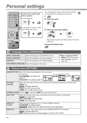 Page 2623
You can change the settings of the System according 
to your preferences and playing environment. 
1
2
Select the menu.
3Select the item, then confirm.
Repeat this procedure until all the options have been 
confirmed.
To close the setup screen
Set the remote control mode 
before operation.
For disc playback
For playback of a file on a USB 
mass storage class device
SelectConfirm
Language menu (LANGUAGE)
MENU LANGUAGESelect the language for the DVD/DivX menu.See “Language code list” 
( 30) for the code...