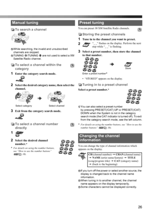 Page 2926
To search a channel
While searching, the invalid and unsubscribed 
channels are skipped.
TUNING9/TUNING( are not used to select a XM 
Satellite Radio channel.
To select a channel within the 
category
1Enter the category search mode.
2Select the desired category name, then select the 
channel.
3Exit from the category search mode.
To select a channel number 
directly
1
2
Select the desired channel 
number.
*
*
For details on using the number buttons, 
see “How to use the number buttons” 
( 10). 
You can...