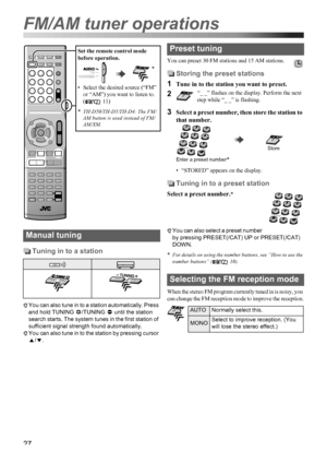 Page 3027
Tuning in to a station
You can also tune in to a station automatically. Press 
and hold TUNING9/TUNING( until the station 
search starts. The system tunes in the first station of 
sufficient signal strength found automatically.
You can also tune in to the station by pressing cursor 
5/Y.You can preset 30 FM stations and 15 AM stations.
Storing the preset stations
1Tune in to the station you want to preset.
2
3
Select a preset number, then store the station to 
that number.
• “STORED” appears on the...