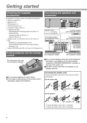 Page 85
If anything is missing, contact your dealer immediately.
• Remote control (x 1)
• Batteries (x 2)
• FM antenna (x 1)
• AM loop antenna (x 1)
• Composite video cord (x 1)
• Connector for iPod
– TH-D60/TH-D50: Docking station for iPod (x 1)
– TH-D5/TH-D4:
Connection cable for iPod (x 1)
Stand for iPod (x 1)
• Speaker cords: 3 m (10 ft) (x 4), 8 m (26.3 ft) (x 2)
•Feet
– TH-D60: For surround speakers (x 8)
– TH-D50/TH-D5/TH-D4: For front and surround 
speakers (x 16)
• Screws (TH-D60 only): M5 x 85 mm...