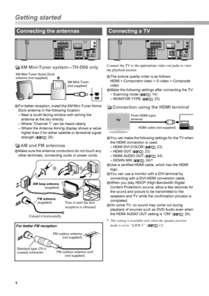 Page 107
XM Mini-Tuner system—TH-D60 only
For better reception, install the XM Mini-Tuner Home 
Dock antenna in the following location:
– Near a south-facing window with aiming the 
antenna at the sky directly
– Where “Channel 1” can be heard clearly
– Where the Antenna Aiming display shows a value 
higher than 0 for either satellite or terrestrial signal 
strength ( 25)
AM and FM antennas
Make sure the antenna conductors do not touch any 
other terminals, connecting cords or power cords.Connect the TV to the...