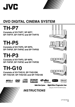 Page 1LVT1523-001D
[B]
DVD DIGITAL CINEMA SYSTEM
INSTRUCTIONS
(Only for TH-P7/TH-P5/TH-G10)
TH-P5
Consists of XV-THP5, SP-WP5, 
SP-THP5F, SP-THP5C and SP-THP5S
TH-P3
Consists of XV-THP3, SP-WP5, 
SP-THP3F, SP-THP3C and SP-THP3S
TH-P7
Consists of XV-THP7, SP-WP7, 
SP-THP7F, SP-THP7C and SP-THP7S
TH-G10
Consists of XV-THG10, SP-THG10W, 
SP-THG10F, SP-THG10C and SP-THG10S
THP7-P5-P3-G10[B]-01cov1.fm  Page i  Wednesday, May 14, 2008  5:02 PM
 