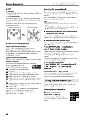 Page 2623
7DSP
• STADIUM
STADIUM mode adds clarity and spreads the sound, like in 
an outdoor stadium.
• All Channel Stereo
All Channel Stereo (ALL ST) mode can reproduce a larger 
stereo sound field using all the connected (and activated) 
speakers.
All Channel Stereo can be used while reproducing 2 
channel stereo source.
7Indicators on the display window
Digital signal format indicators
LPCM: Lights when Linear PCM signal comes in.
GD: Lights when Dolby Digital signals come in.
C: Lights when DTS Digital...