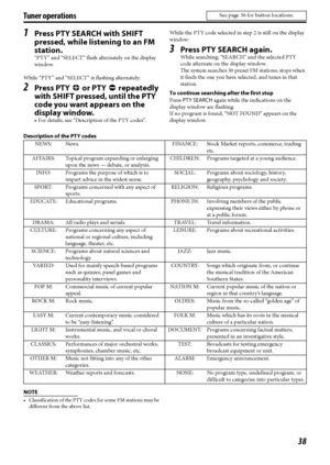 Page 4138
Tuner operations
1Press PTY SEARCH with SHIFT 
pressed, while listening to an FM 
station.
“PTY” and “SELECT” flash alternately on the display 
window.
While “PTY” and “SELECT” is flashing alternately:
2Press PTY9 or PTY( repeatedly 
with SHIFT pressed, until the PTY 
code you want appears on the 
display window.
• For details, see “Description of the PTY codes”.While the PTY code selected in step 2 is still on the display 
window:
3Press PTY SEARCH again.
While searching, “SEARCH” and the selected...