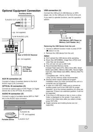 Page 117
Installation and Setup
Optional Equipment Connection
AUX IN connection (A)
Connect a Output of auxiliary device to the AUX
AUDIO Input (L/R) Connector.
OPTICAL IN connection (O)
Connect an optical output of DVD Player (or Digital
Device etc) to the OPTICAL IN connector.
AUDIO IN connection (D)
Connect a output of portable device (MP3 or PMP
etc) to the AUDIO input connector.
USB connection (U)
Connect the USB port of USB Memory (or MP3
player, etc.) to the USB port on the front of the unit.
If you want...