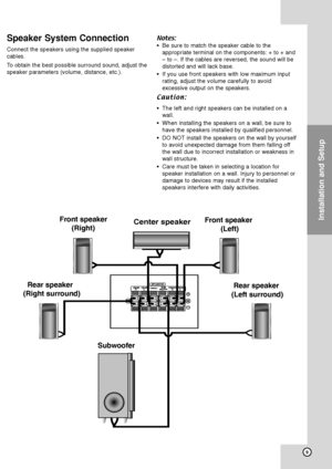 Page 139
Installation and Setup
Speaker System Connection
Connect the speakers using the supplied speaker
cables.
To obtain the best possible surround sound, adjust the
speaker parameters (volume, distance, etc.).Notes:
•Be sure to match the speaker cable to the
appropriate terminal on the components: + to + and
– to –. If the cables are reversed, the sound will be
distorted and will lack base.
•If you use front speakers with low maximum input
rating, adjust the volume carefully to avoid
excessive output on the...