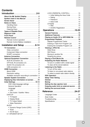 Page 51
Introduction  . . . . . . . . . . . . . . . . . . .2-5
About the  Symbol Display . . . . . . . . . . . . . .2
Symbol Used in this Manual  . . . . . . . . . . . . . . .2
Screen Saver  . . . . . . . . . . . . . . . . . . . . . . . . . . .2
Notes on Discs  . . . . . . . . . . . . . . . . . . . . . . . . . .2
Handling Discs  . . . . . . . . . . . . . . . . . . . . . . . .2
Storing Discs  . . . . . . . . . . . . . . . . . . . . . . . . .2
Cleaning Discs  . . . . . . . . . . . . . . . . . . . . . . . .2...