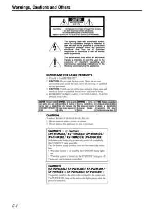 Page 2G-1
Warnings, Cautions and Others
IMPORTANT FOR LASER PRODUCTS
1. CLASS 1 LASER PRODUCT
2.
CAUTION: Do not open the top cover. There are no user 
serviceable parts inside the unit; leave all servicing to qualified 
service personnel.
3.
CAUTION: Visible and invisible laser radiation when open and 
interlock failed or defeated. Avoid direct exposure to beam.
4. REPRODUCTION OF LABEL: CAUTION LABEL, PLACED 
INSIDE THE UNIT.
CAUTION
To reduce the risk of electrical shocks, fire, etc.:
1. Do not remove...