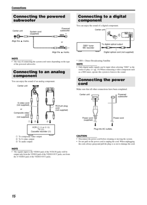 Page 18Connections
15
NOTE
• The way of connecting the system cord varies depending on the type 
of the powered subwoofer.
You can enjoy the sound of an analog component.
NOTE
 The signals input to the VIDEO jack of the VCR IN jacks will be 
output only from the VIDEO jack of the VIDEO OUT jacks, not from 
the S-VIDEO jack of the VIDEO OUT jacks.
You can enjoy the sound of a digital component. 
* DBS = Direct Broadcasting Satellite
NOTE
 Only digital audio signals can be input when selecting “DBS” as the...