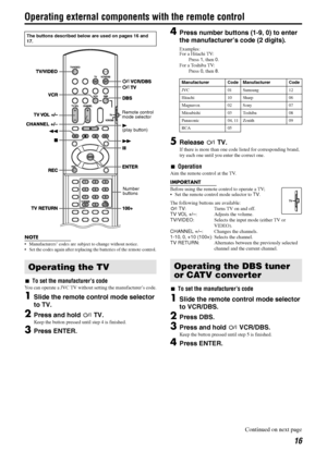 Page 1916
Operating external components with the remote control
NOTE
• Manufacturers’ codes are subject to change without notice.
 Set the codes again after replacing the batteries of the remote control.
7To set the manufacturer’s code
You can operate a JVC TV without setting the manufacturer’s code.
1Slide the remote control mode selector 
to TV.
2Press and hold FTV.
Keep the button pressed until step 4 is finished.
3Press ENTER.
4Press number buttons (1-9, 0) to enter 
the manufacturer’s code (2 digits)....