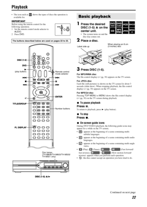 Page 2522
Playback
• The icon such as   shows the types of discs the operation is 
available for.
IMPORTANT
Before using the remote control for the 
following operation; 
1 Set the remote control mode selector to 
AUDIO.
2Press DV D.1Press the desired 
DISC (1-5) 0 on the 
center unit.
 The system turns on and the 
disc tray comes out.
2Place a disc.
3Press DISC (1-5).
For MP3/WMA disc
The file control display (Apg. 30) appears on the TV screen.
For JPEG disc
Each file (still pictures) is shown on the TV...