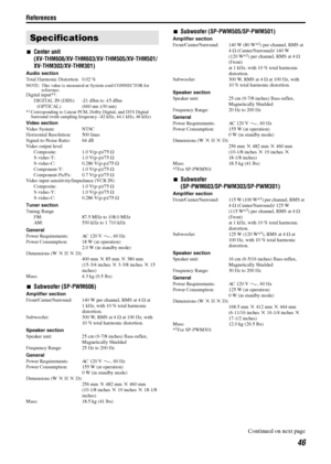 Page 49References
46
7Center unit 
(XV-THM606/XV-THM603/XV-THM505/XV-THM501/
XV-THM303/XV-THM301)
Audio section
Total Harmonic Distortion 0.02 %
NOTE: This value is measured at System cord CONNECTOR for 
reference.
Digital input*1:
DIGITAL IN (DBS): –21 dBm to –15 dBm
(OPTICAL) (660 nm E30 nm)
*1Corresponding to Linear PCM, Dolby Digital, and DTS Digital 
Surround (with sampling frequency — 32 kHz, 44.1 kHz, 48 kHz)
Video section
Video System: NTSC
Horizontal Resolution: 500 lines
Signal-to-Noise Ratio: 64 dB...