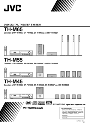 Page 1TH-M65
TH-M45
For Customer Use:
Enter below the Model No. and Serial 
No. which are located either on the rear, 
bottom or side of the cabinet. Retain this 
information for future reference.
Model No.                                                    
Ser ial No.                                                     
LVT1024-001A
[J]
TH-M55
DVD DIGITAL THEATER SYSTEM
INSTRUCTIONS
Consists of XV-THM65, SP-PWM65, SP-THM65C and SP-THM65F
Consists of XV-THM55, SP-PWM55, SP-THM55C and SP-THM55F
Consists of...