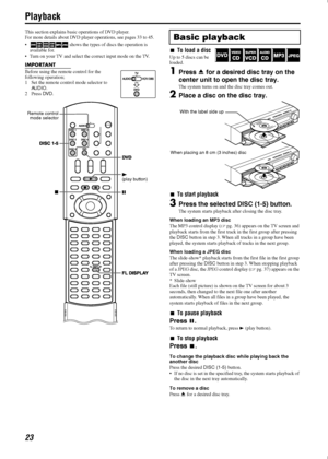 Page 2623
Playback
This section explains basic operations of DVD player.
For more details about DVD player operations, see pages 33 to 45.
•  shows the types of discs the operation is 
available for.
 Turn on your TV and select the correct input mode on the TV.
IMPORTANT
Before using the remote control for the 
following operation; 
1 Set the remote control mode selector to 
AUDIO.
2Press DV D.
To load a disc
Up to 5 discs can be 
loaded.
1Press 
 for a desired disc tray on the 
center unit to open the disc...