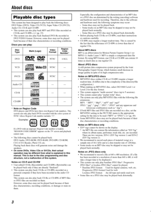 Page 63
About discs
This system has been designed to play back the following discs:
DVD Video (DVD), Video CD (VCD), Super Video CD (SVCD), 
Audio CD, CD-R and CD-RW.
 This system can also play back MP3 and JPEG files recorded on 
CD-Rs and CD-RWs. (Apg. 23)
 This system can also play back finalized DVD-Rs recorded in 
DVD VIDEO format. However, some discs may not be played 
back because of their disc characteristics or recording conditions.
Discs you can play:
*Note on Region Code
DVD players and DVDs have...