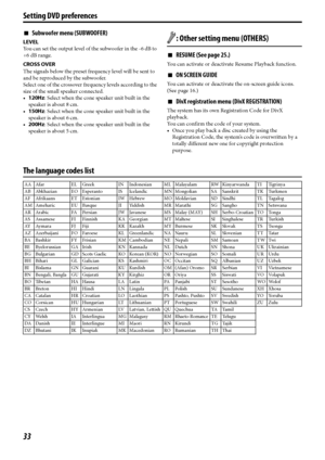 Page 3633
Setting DVD preferences
7Subwoofer menu (SUBWOOFER)
LEVEL
You can set the output level of the subwoofer in the -6 dB to 
+6 dB range.
CROSS OVER
The signals below the preset frequency level will be sent to 
and be reproduced by the subwoofer.
Select one of the crossover frequency levels according to the 
size of the small speaker connected.
120Hz: Select when the cone speaker unit built in the 
speaker is about 8 cm.
150Hz: Select when the cone speaker unit built in the 
speaker is about 6 cm....