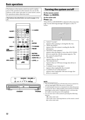 Page 1613
Basic operations
On the remote control:
Press AUDIO.
On the center unit:
Press .
When DVD or USB MEMORY is selected as the source (see 
page 14), the following messages will appear on the TV 
screen.
NOTE
 The STANDBY lamp goes off when the power is turned on, 
and the lamp lights when the power is turned off.
 A small amount of power is consumed even when the power 
is turned off. This is called standby mode and the STANDBY 
lamp lights in this mode. Unplug the power cord from the 
AC outlet to...