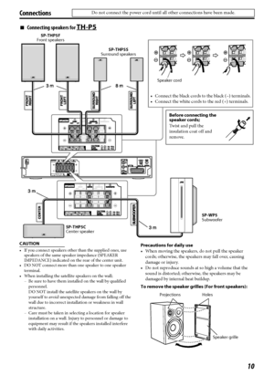 Page 1310
Connections
7Connecting speakers for TH-P5
CAUTION
• If you connect speakers other than the supplied ones, use 
speakers of the same speaker impedance (SPEAKER 
IMPEDANCE) indicated on the rear of the center unit.
• DO NOT connect more than one speaker to one speaker 
terminal.
• When installing the satellite speakers on the wall;
– Be sure to have them installed on the wall by qualified 
personnel. 
DO NOT install the satellite speakers on the wall by 
yourself to avoid unexpected damage from falling...