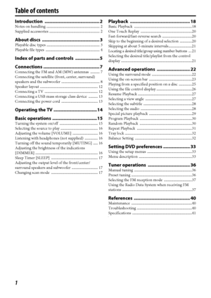 Page 41
Introduction ........................................... 2
Notes on handling ......................................................... 2
Supplied accessories ...................................................... 2
About discs  ............................................. 3
Playable disc types ......................................................... 3
Playable file types  .......................................................... 4
Index of parts and controls  ................... 5
Connections...