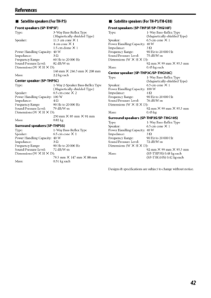 Page 4542
References
7Satellite speakers (For TH-P5)
Front speakers (SP-THP5F)
Ty p e : 3 - Wa y  B a s s - R e f l e x  Ty p e  
(Magnetically-shielded Type)
Speaker: 11.5 cm cone M 1
4 cm cone M 1
1.5 cm dome M 1
Power Handling Capacity: 40 W
Impedance: 3 Ω
Frequency Range: 60 Hz to 20 000 Hz
Sound Pressure Level: 82 dB/W·m
Dimensions (W M H M D):
146 mm M 246.5 mm M 208 mm
Mass: 2.2 kg each
Center speaker (SP-THP5C)
Ty p e : 1 - Wa y  2 - S p e a k e r  B a s s - R e f l e x  Ty p e  
(Magnetically-shielded...