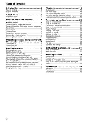 Page 41
Table of contents
Introduction ..................................... 2
Notes on handling  .................................................................2
Supplied accessories  ............................................................2
About discs  ..................................... 3
Playable disc types  ...............................................................3
Index of parts and controls  ............ 5
Connections .................................... 7
Connecting the FM and AM (MW)...