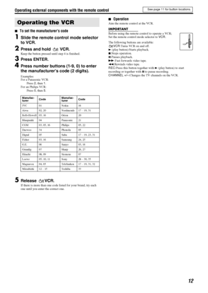 Page 15Operating external components with the remote control
12
7To set the manufacturer’s code
1Slide the remote control mode selector 
to VCR.
2Press and hold  VCR.
Keep the button pressed until step 4 is finished.
3Press ENTER.
4Press number buttons (1-9, 0) to enter 
the manufacturer’s code (2 digits).
Examples:
For a Panasonic VCR:
Press 2, then 1.
For an Philips VCR:
Press 0, then 5.
5Release VCR.
If there is more than one code listed for your brand, try each 
one until you enter the correct one....