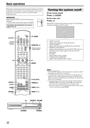 Page 1613
Basic operations
IMPORTANT
Before using the remote control for the following 
operation, 
 Set the remote control mode selector to AUDIO.On the remote control:
Press AUDIO.
On the center unit:
Press .
When DVD is selected as the source (see page 14), the following 
messages will appear on the TV screen.
NOTE
 The STANDBY lamp goes off when the power is turned on, and the 
lamp lights when the power is turned off.
 A small amount of the power is consumed even when the power is 
turned off. This is...