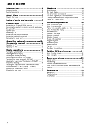 Page 41
Table of contents
Introduction ..................................... 2
Notes on handling  .................................................................2
Supplied accessories  ............................................................2
About discs  ..................................... 3
Playable disc types  ...............................................................3
Index of parts and controls  ............ 5
Connections .................................... 7
Connecting the FM and AM (MW)...