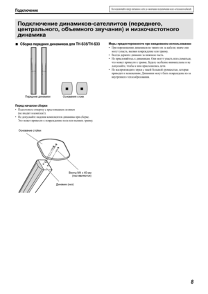 Page 11Подключение
8
Не подключайте шнур питания к сети до окончания подключения всех остальных кабелей. 
7Сборка передних динамиков для TH-S35/TH-S33
Перед началом сборки
•Подготовьте отвертку с крестовидным лезвием 
(не входит в комплект).
•Не допускайте падения компонентов динамика при сборке. 
Это может привести к повреждению пола или вызвать травму.
Меры предосторожности при ежедневном использовании
•При перемещении динамиков не тяните их за кабели; иначе они 
могут упасть, вызвав повреждение или травму....