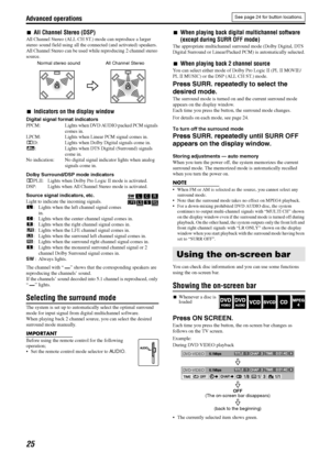 Page 28Advanced operations
25
7All Channel Stereo (DSP)
All Channel Stereo (ALL CH ST.) mode can reproduce a larger 
stereo sound field using all the connected (and activated) speakers.
All Channel Stereo can be used while reproducing 2 channel stereo 
source.
7Indicators on the display window
Digital signal format indicators
PPCM: Lights when DVD AUDIO packed PCM signals 
comes in.
LPCM: Lights when Linear PCM signal comes in.
GD: Lights when Dolby Digital signals come in.
C: Lights when DTS Digital (Surround)...