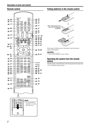 Page 10Description of parts and controls
7
Remote controlPutting batteries in the remote control
If the range or effectiveness of the remote control decreases, 
replace both batteries.
CAUTION
 Do not expose batteries to heat or flame.
Operating the system from the remote 
control
Aim the remote control directly to the front panel of the center unit.
 Do not hide the remote sensor.
OPEN/CLOSE
TV/VIDEO
DV D
TOP MENU
RECMENU
PTY
SEARCH
RDS
DISPLAY
      ON
SCREEN
AUDIOMUTING
FM/AM
SUBTITLETV
AUX
SURR.
TV VOL...