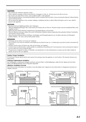Page 3G-2
CAUTION
 Do not block the ventilation openings or holes.
(If the ventilation openings or holes are blocked by a newspaper or cloth, etc., the heat may not be able to get out.)
 Do not place any naked flame sources, such as lighted candles, on the apparatus.
 When discarding batteries, environmental problems must be considered and local rules or laws governing the disposal of these batteries 
must be followed strictly.
 Do not expose this apparatus to rain, moisture, dripping or splashing and that...