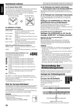 Page 28Weiterführende Funktionen
25
7All Channel Stereo (DSP)
Die Betriebsart ALL ST (Alle Kanäle Stereo) kann zur Erzeugung 
eines breiteren Stereo-Klangfelds unter Verwendung aller 
angeschlossenen (und aktivierten) Lautsprecher eingesetzt werden.
Diese Betriebsart kann bei Wiedergabe einer zweikanaligen 
Programmquelle verwendet werden.
7Indikatoren im Display
Digitalsignalformat-Indikatoren
PPCM, SURR: Leuchtet bei Zuleitung des Packed PCM-
Signals einer DVD-Audio-Disc.
LPCM, SURR: Leuchtet bei Zuleitung...