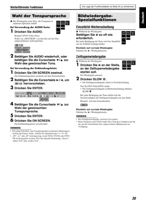 Page 33Weiterführende Funktionen
30
7Bei Wiedergabe einer Disc, die Tonspuren in 
mehreren Sprachen enthält
Bei Verwendung der AUDIO-Taste:
1Drücken Sie AUDIO.
Beispiel (DVD-Video-Disc):
Wahl von „DEUTSCH“ von den drei auf der Disc 
aufgezeichneten Audiosprachen.
2Betätigen Sie AUDIO wiederholt, oder 
betätigen Sie die Cursortaste Y/5 zur 
Wahl des gewünschten Tons.
Bei Verwendung der Einblendungsleiste:
1Drücken Sie ON SCREEN zweimal.
Die Einblendungsleiste erscheint auf dem Fernsehschirm.
2Betätigen Sie die...