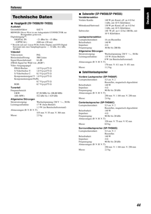 Page 47Referenz
44
7Hauptgerät (XV-THS66/XV-THS55)
Audioteil
Gesamtklirrfaktor 0,02 %
HINWEIS: Dieser Wert ist am Anlagenkabel CONNECTOR zur 
Bezugnahme gemessen.
Digitaleingang*1:
DIGITAL IN: –21 dBm bis –15 dBm
(OPTICAL) (660 nm E30 nm)
*1Bezieht sich auf  Linear PCM, Dolby Digital, und DTS Digital 
Surround (mit einer Samplingfrequenz  — 32 kHz, 44,1 kHz, 
48 kHz)
Videoteil
Videosystem: PAL
Horizontalauflösung: 500 Linien
Signal-Rauschabstand: 64 dB
(FBAS-Signal bei Wahl von „RGB“)
Video-Ausgangspegel...